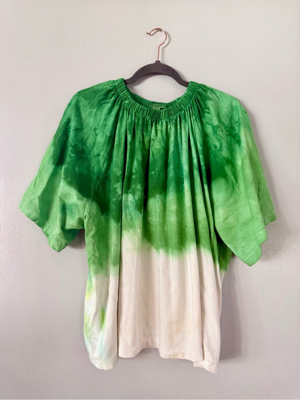 AllSaints Green and White Ombre Tie-Dye Short Sleeve Top